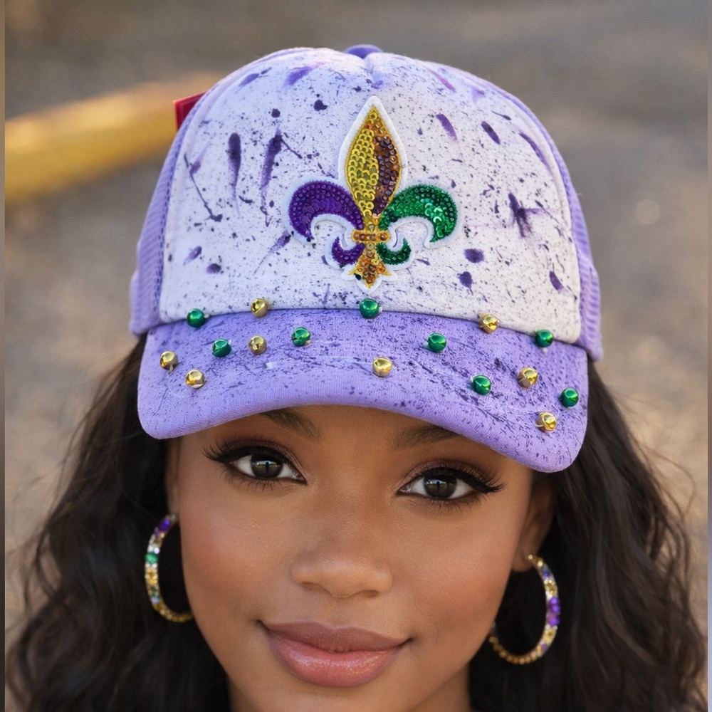 Mardi Gras Purple and White Fleur-de-lis Cap with embellishment